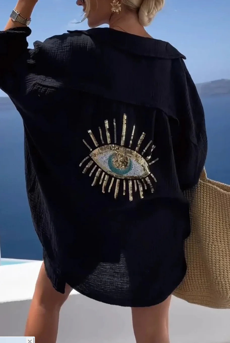 Casual Bright Sequin Evil Eye Shirt Women Summer Fashion Long Sleeve Loose Long Blouse Streetwear Turn-down Collar Cotton Tops - Smarsty