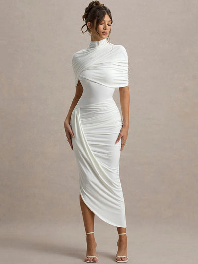 Mozision Half Sleeve Backless Ruched Sexy Maxi Dress Women Summer New Turtleneck Slim High Waist Evening Club Party Long Dress - Smarsty