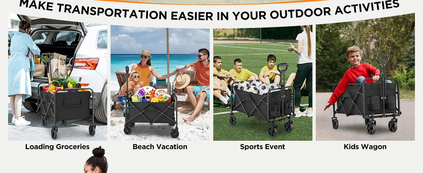 Collapsible Wagon Cart Foldable Beach Wagon with All-Terrain Wheels  Heavy Duty Grocery Cart for Shopping, Beach, Camping, Sport