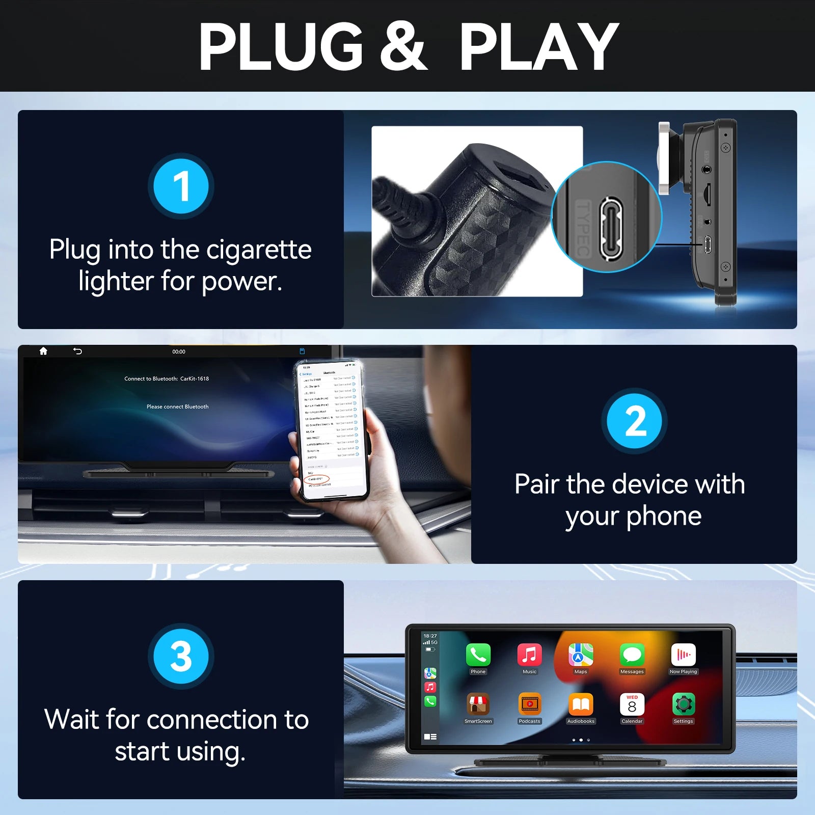 Pionray 10.26 inch Portable 4K Car DVR Wireless Carplay & Android Auto GPS Navigation Video Recorder Dashboard Dual Lens Wifi FM