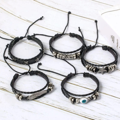 5pcs Evil Eye Braided Leather Bracelet Set - Smarsty