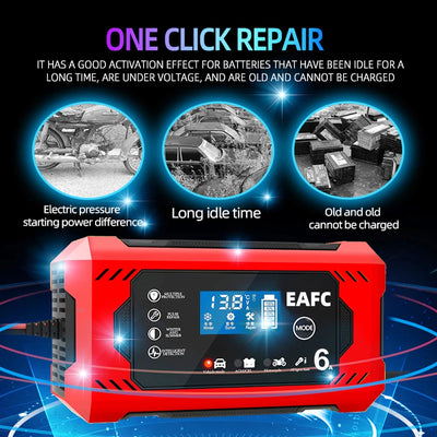 Car Battery Charger 12V 6A Intelligent Fast Charging Pulse Repair Type Full Auto-Stop Dual-Mode Lead Acid for Motorcycle Truck - Smarsty