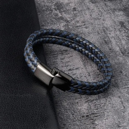 Mens Braided Leather Bracelet Double Band Bangle - Smarsty