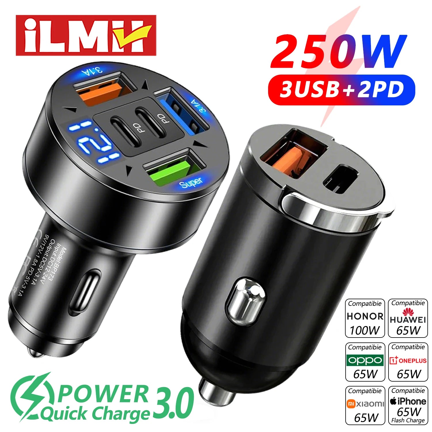 250W 5-in-1 PD QC3.0 Car Charger Fast Charging USB C for IPhone,Samsung Galaxy, IPad Pro, Multi-Port Cigarette Lighter Adapter - Smarsty