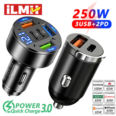 250W 5-in-1 PD QC3.0 Car Charger Fast Charging USB C for IPhone,Samsung Galaxy, IPad Pro, Multi-Port Cigarette Lighter Adapter - Smarsty