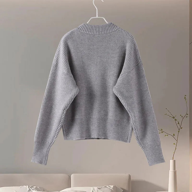 Vintage Knit Women Cardigan Casual Full Sleeve Zipper O Neck Pleated Solid Lady Sweater 2025 Autumn Fashion Female Knitwear - Smarsty