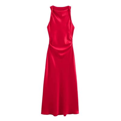 TRAF Satin Long Dresses for Women 2024 Summer Slip Midi Dress Woman Sexy Evening Party Dress Sleeveless Female Elegant Dresses - Smarsty