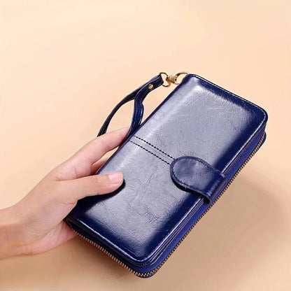 Women's Vintage Oil Wax PU Leather Clutch Wallet Female Large Capacity Phone Purse Ladies Wristband Simple Card Holder Pouch Bag - Smarsty
