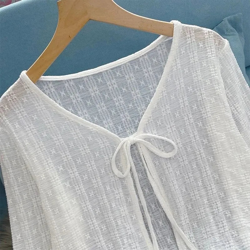 White Tie Up Summer Cardigan Women Sexy Long Sleeve Sheer Mesh Crop Tops Woman Chic All Match Short Printed T Shirt Mujer - Smarsty