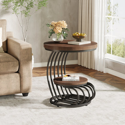 Tribesigns Gold Round End Table: 2 Tiers Faux Marble Side Table with Storage Shelf, Modern White Gold Bedside Nightstand