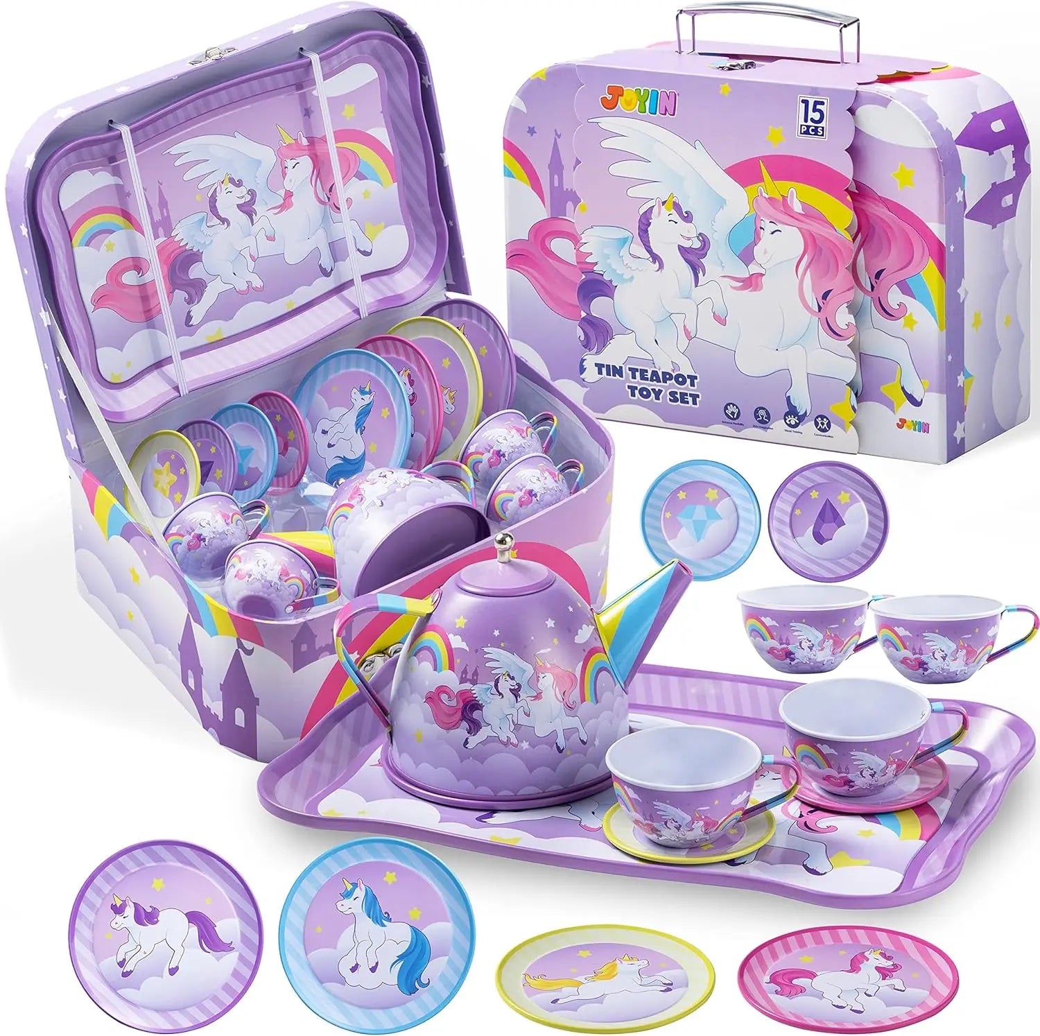 Joyfy Kid Tea Set Mermaid Tea Party Set Princess Pretend Play Tin Teapot Set Kitchen Toy for Girls Toddlers 2 3 4 5 6 Years Old - Smarsty