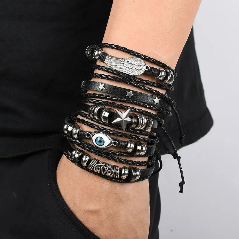 5pcs Evil Eye Wing Star Diy Braided Punk Style Bracelet Set, Featuring Pu Leather And Beads - Smarsty