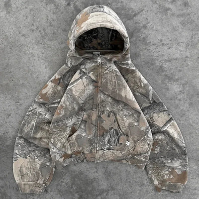 Y2K Retro zip up Hoodie Men Camouflage Pattern zipper Sweatshirt High Street Hip Hop Streetwear Oversized Unisex Camo Hoodie - Smarsty