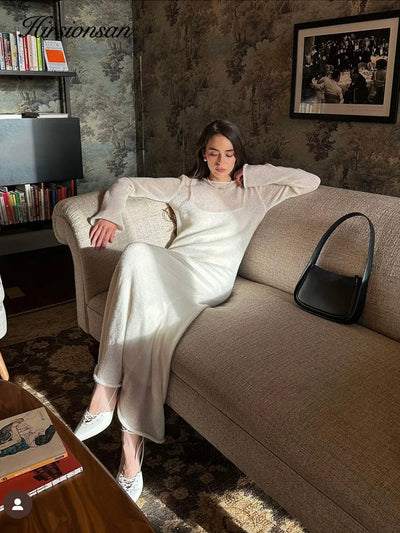 Hirsionsan Spring Autumn O-Neck Elastic Knit Long Dresses Women 2024 Elegant Chic Soft Lady Hollowing Sweater Dresses Femme New - Smarsty