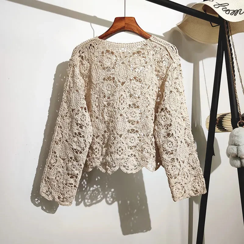 Lace Small Shawl Cotton Cardigan female 2023 spring and summer o neck long sleeve solid casual Versatile Hollow Cardigan Female - Smarsty