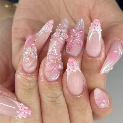 Colorful Press On Almond Nails Set with Pearl Flowers - Smarsty