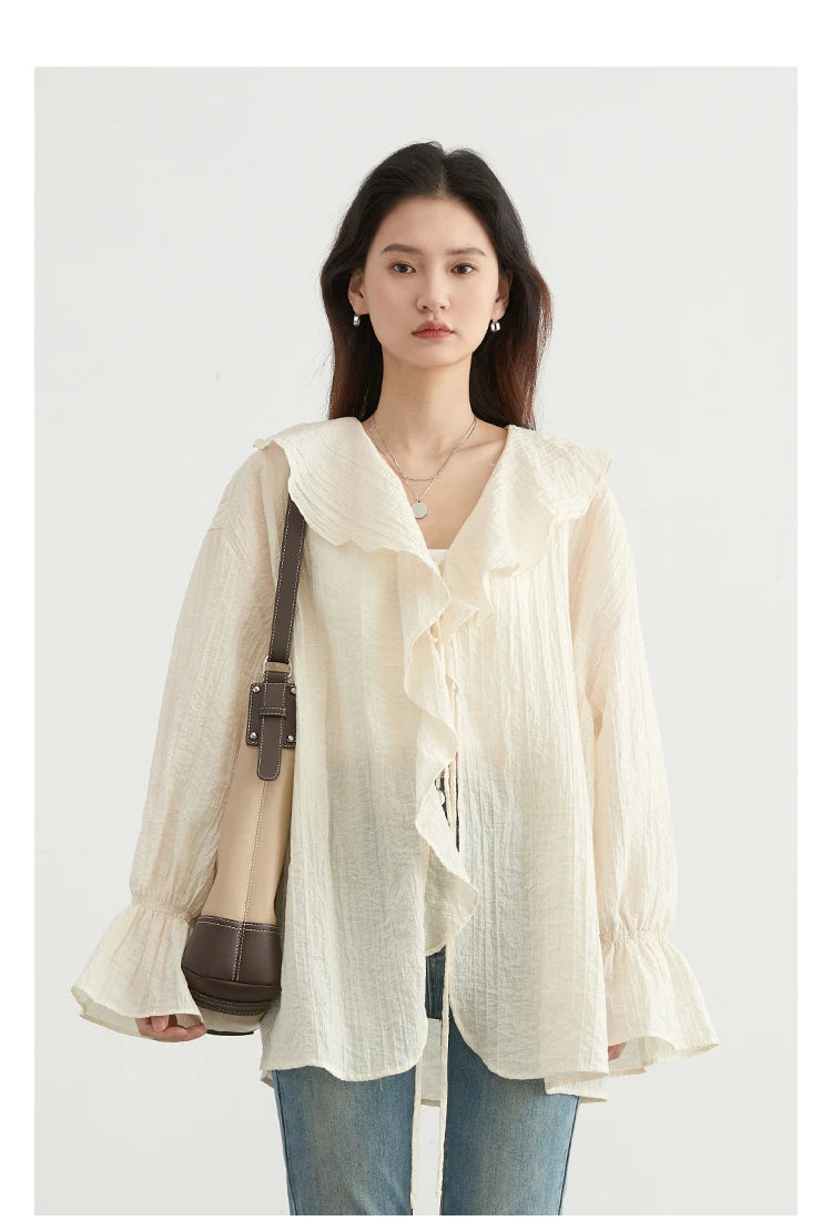 CHIC VEN Women Shirt Loose Casual Ruffled Edges Female Blouses V Neck Lace Up Mid Length Woman Shirts Spring Summer 2024 - Smarsty