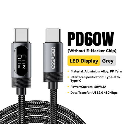 Essager Digital Dispaly USB C Cable For iPhone 17 16 15 Xiaomi Huawei 100W PD Fast Charging For Macbook iPad Type C to C Cable - Smarsty