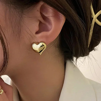 Gold Heart Stud Earrings Minimalist Smooth Surface Bridal - Smarsty