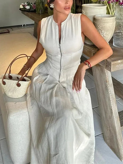 MUJER Zipper Long Dress Woman Pleated Sleeveless Bodycon Dress Summer Elegant Party Dresses For Women 2025 New Midi Dresses - Smarsty