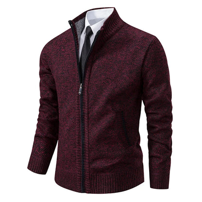 Autumn And Winter New Jersey Men's Casual Sports Coat Solid Color Stand Collar Wweater Grab Fleece Warm Zipper Cardigan - Smarsty