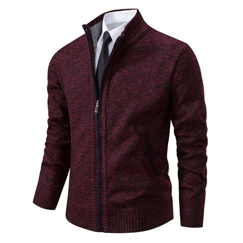 Autumn And Winter New Jersey Men's Casual Sports Coat Solid Color Stand Collar Wweater Grab Fleece Warm Zipper Cardigan - Smarsty