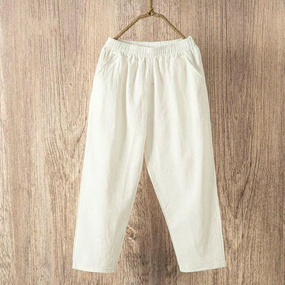 Women Summer Casual Loose Harem Elastic Waist Cotton Linen Pants Ninth Trousers - Smarsty