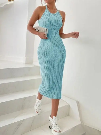 Solid Halter Neck Bodycon Midi Dress High-end temperament vest halter dress women's summer new high-waist slim temperament slim - Smarsty