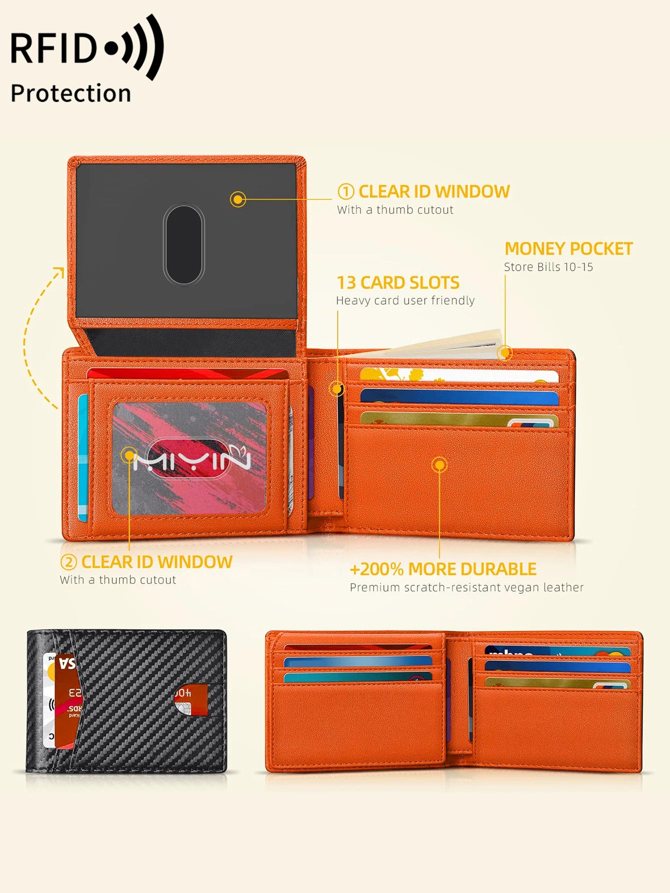 RFID Blocking Ultra-thinTrifold Wallet Carbon Fiber Pattern Portable Credit Card Holder,with2 ID Windows and Multiple Card Slots - Smarsty
