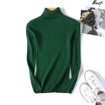 2025 Autumn Winter Women Long Sleeve Knitted Foldover Turtleneck Ribbed Pull Sweater Soft Warm Femme Jumper Pullover Clothes - Smarsty