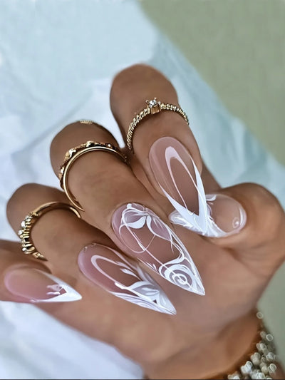 24 Piece Long Almond Press On Nails White French Tip - Smarsty