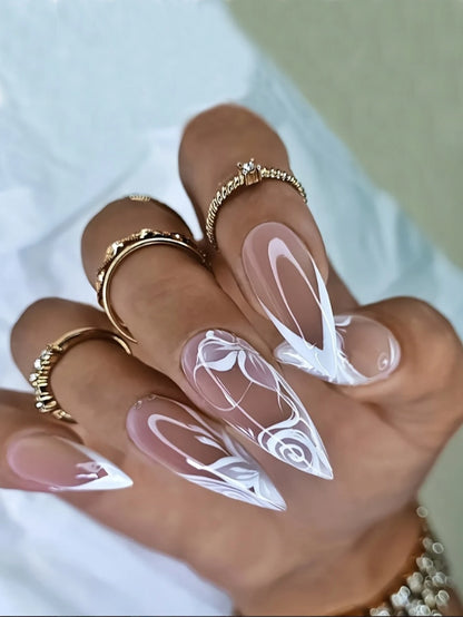 24 Piece Long Almond Press On Nails White French Tip - Smarsty