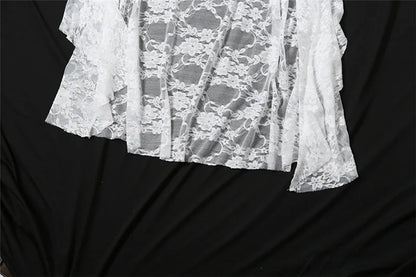 Goth Dark Fairycore Lace Flare Sleeve Square Neck A-line Dress Sweet E-girl Irregular Long Hem Dresses Cyber Y2K Party Vestido - Smarsty