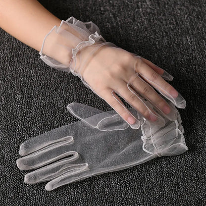 Women Lace Tulle Gloves Stretchy Full Finger Wedding Gloves - Smarsty