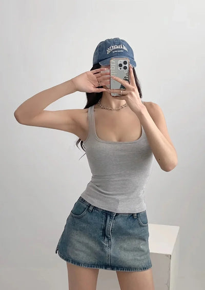 Women Scuplted Square Neck Tank Top - Smarsty