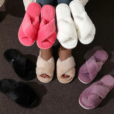 Cross Warm Fluffy Furry Slippers Women Lightweight Flat Heels Fur Slides Woman Autumn Winter Open Toe Non Slip Home Floor Shoes - Smarsty