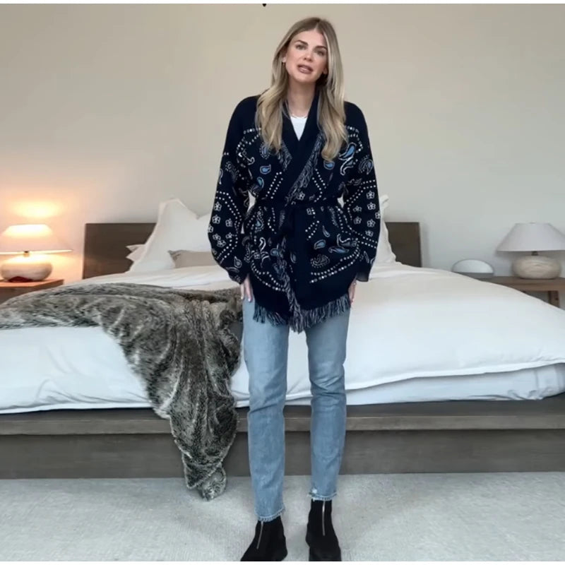 Tassel Patchwork Printed Cardigan Women Geometric Patterns Belts V-neck Long Sleeve Knitted Street Lady Sweater 2025 Autumn Coat - Smarsty