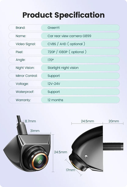 Rear View Camera 1080p Full HD Night Vision for Cars - Smarsty