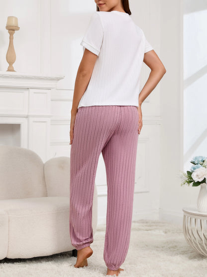 Women's new style pajamas set heart pattern short sleeve shirt trousers two-piece simple and lovely casual home wear - Smarsty