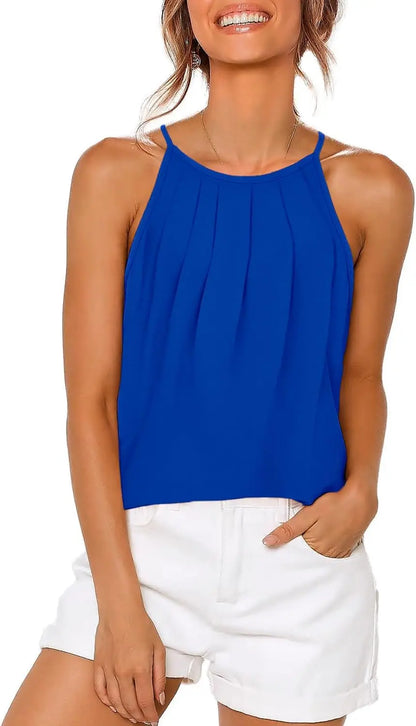 Womens Pleated Tank Tops Spaghetti Strap Camisole Halter Tops Curved Hem Fashion 2024