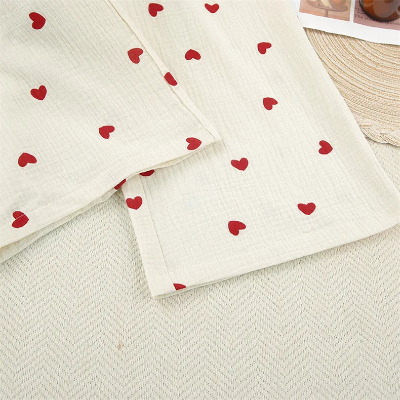 Summer New Love Heart Print Pyjama 100% Cotton Long Sleeve Set 2Pcs Outfit Lapel Sleepwear Button Down Women's Pajamas Nightwear - Smarsty