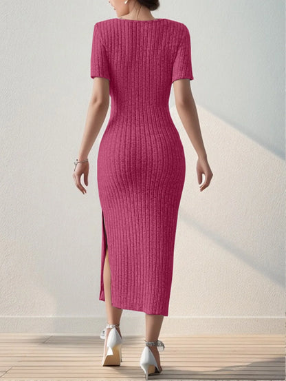 Summer Square Neck, Hip-Hugging Mid-Length Skirt, Short-Sleeved, Versatile Knitted Slit Dress - Smarsty