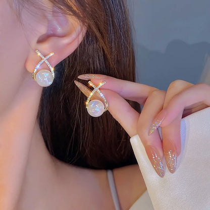 Pearl Long Earrings With Rhinestones For Wedding Fashion - Smarsty