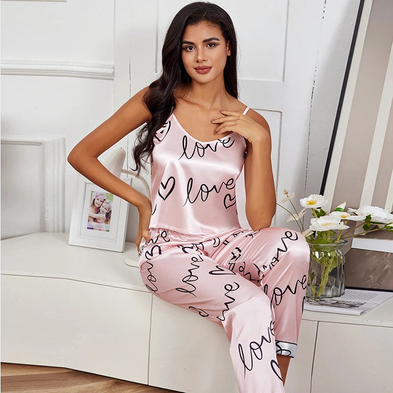 Women Satin Silk Pajamas Sets Letter Print Cami Vest Shirt With Trouser Sleepwear Ladie Sexy Pajama Lingerie Pyjamas Nightwear - Smarsty