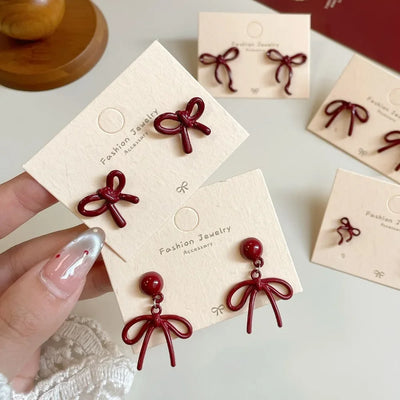 Retro Red Bow Stud Earrings For Women Elegant Lightweight - Smarsty