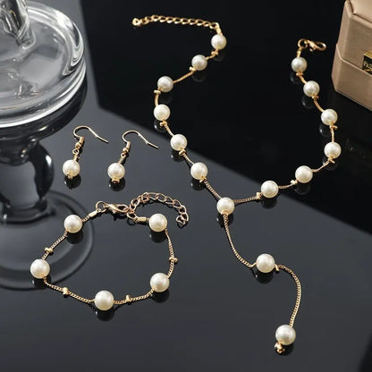 Gold Tone Necklace Earrings Bracelet Set With Tassel Pearls - Smarsty