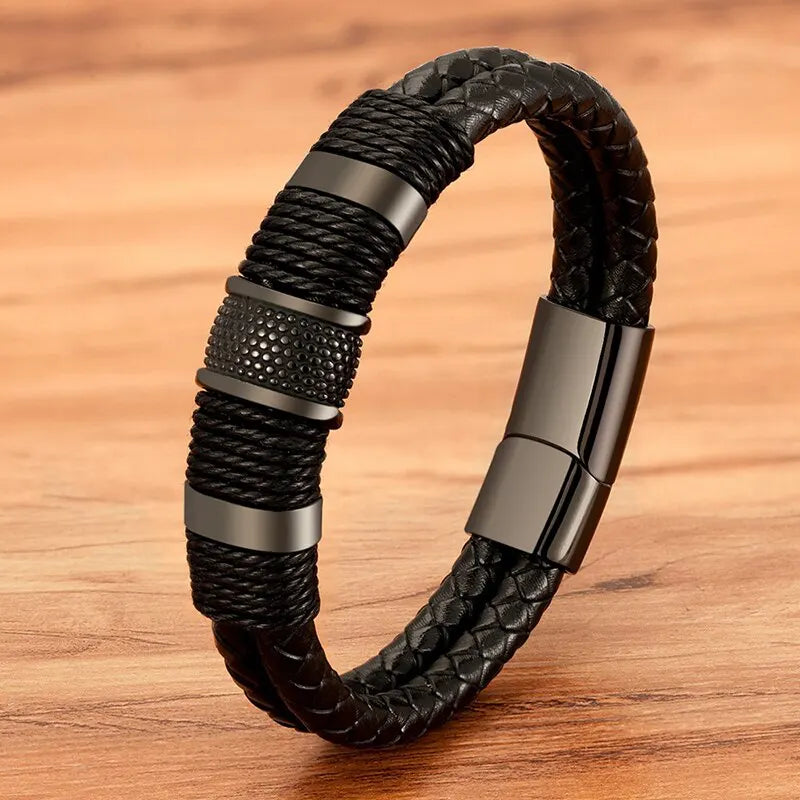 Vintage Woven Leather Wrap Bracelets for Men Stainless Steel - Smarsty