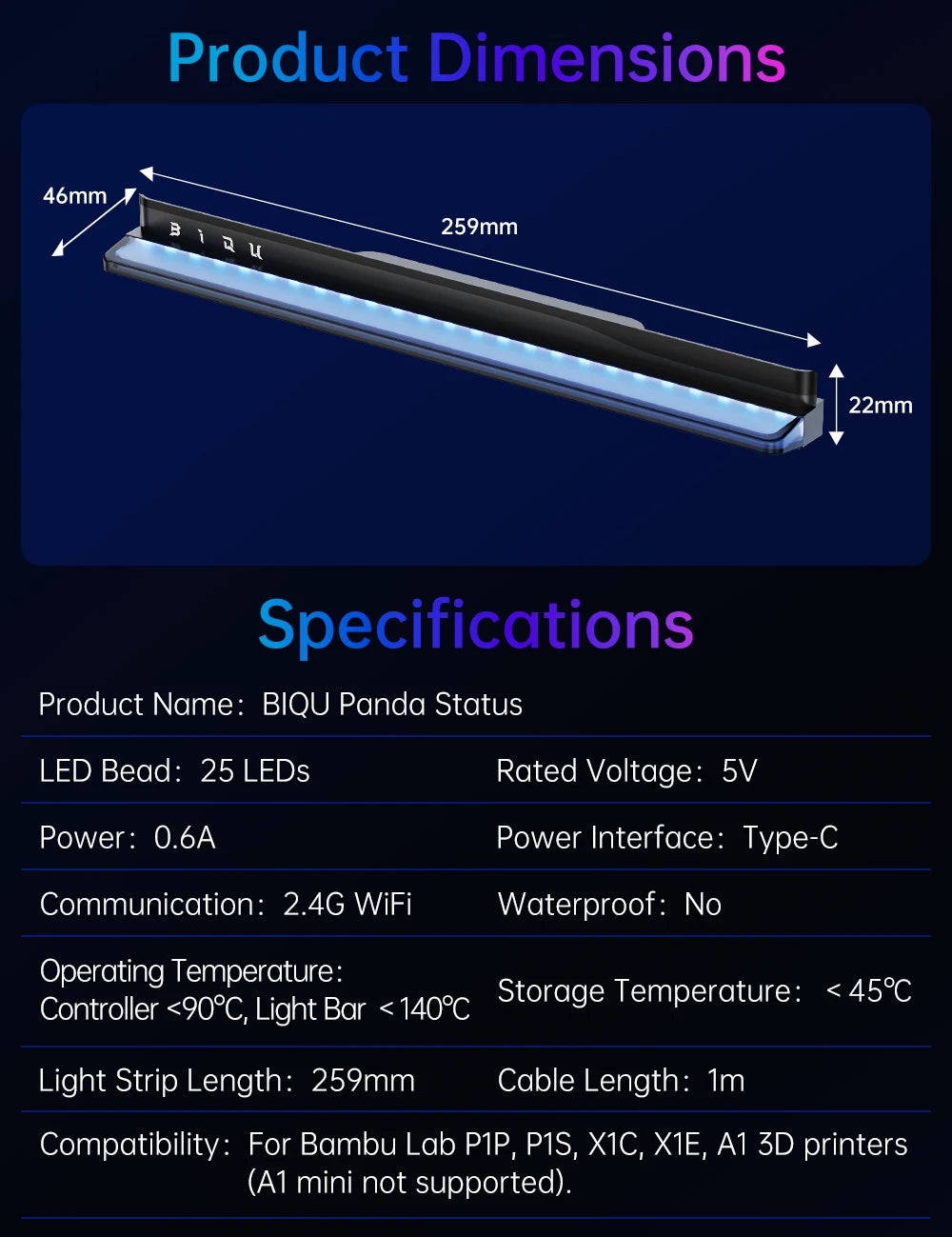 BIGTREETECH Panda Status LED Light Bar Kit H2D-Style Lighting Rythm-Light Sync For Bambu Lab P1P P1S X1C X1E A1 VS Panda Lux