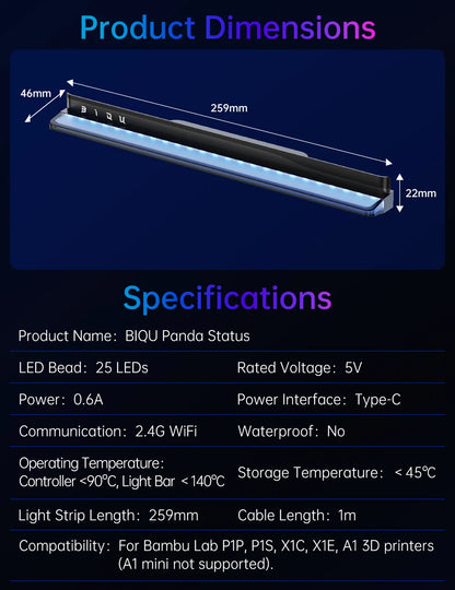 BIGTREETECH Panda Status LED Light Bar Kit H2D-Style Lighting Rythm-Light Sync For Bambu Lab P1P P1S X1C X1E A1 VS Panda Lux