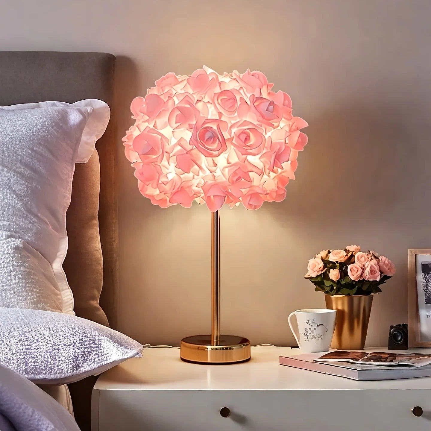 High-End LED Table Lamp with 52 Rose Flower Shade, Polished Metal Base for Bedside, Living Room, and Office Decor